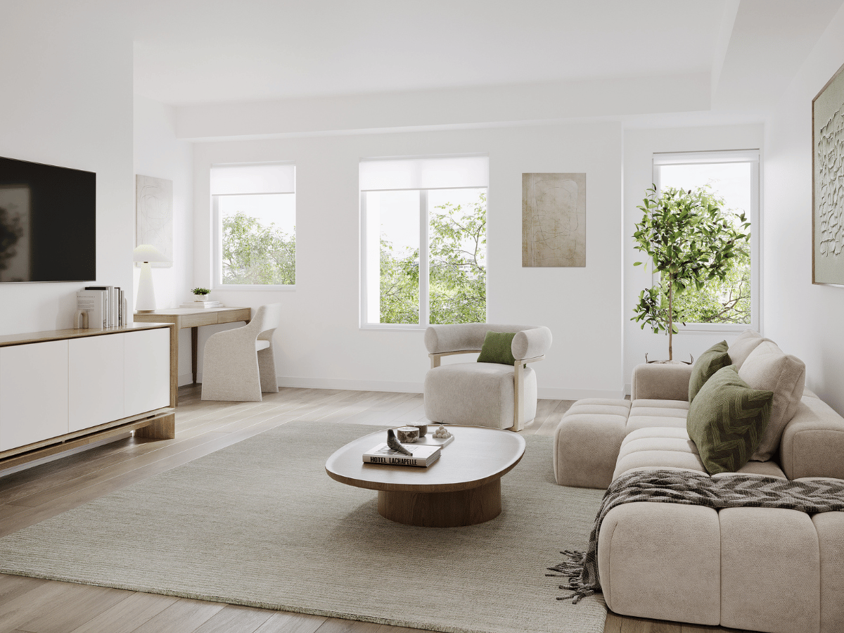 Rendering of a staged living room at The Towns at York Mills & Leslie.